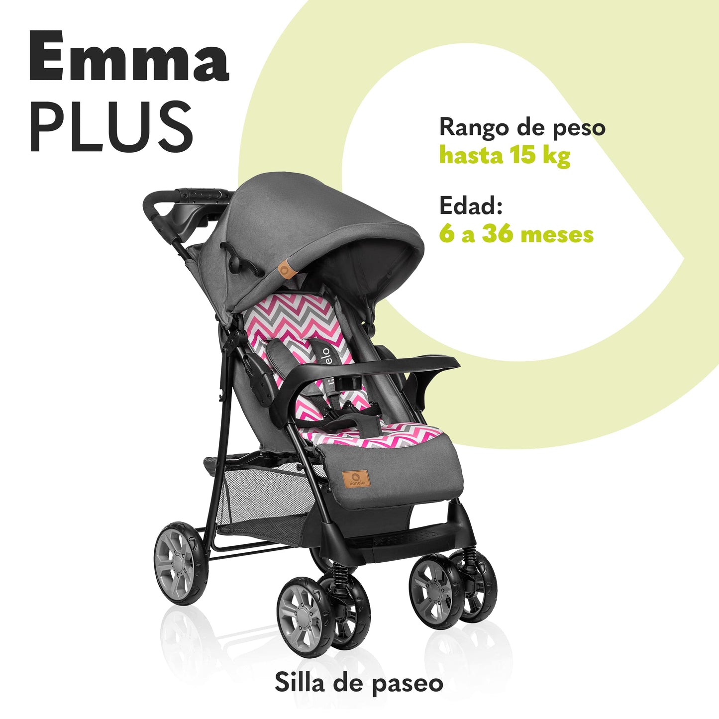 LIONELO Emma Plus Silla de paseo hasta 15 kg 6-36M Respaldo ajustable Cinturón de seguridad de 5 puntos Capucha profunda Organizador para padres