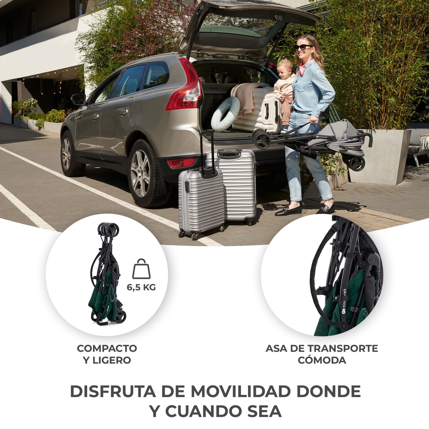 Kinderkraft TIK Silla de Paseo Ligera y Plegable, Respaldo Reclinable hasta Posición Tumbada, 6,5 kg, Material Impermeable, Color Verde