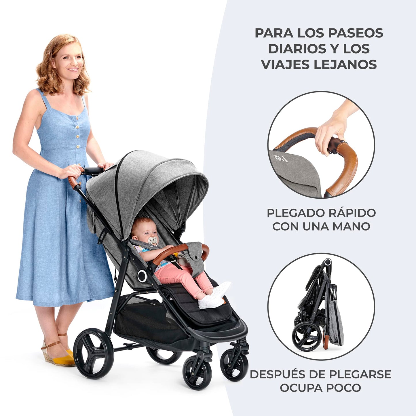 Kinderkraft GRANDE PLUS Carrito de Bebé Ligero, desde Recién Nacido hasta 22 kg, Plegado Fácil con Una Mano, Respaldo Reclinable, Suspensión en las 4 Ruedas, Capota XL, Gris