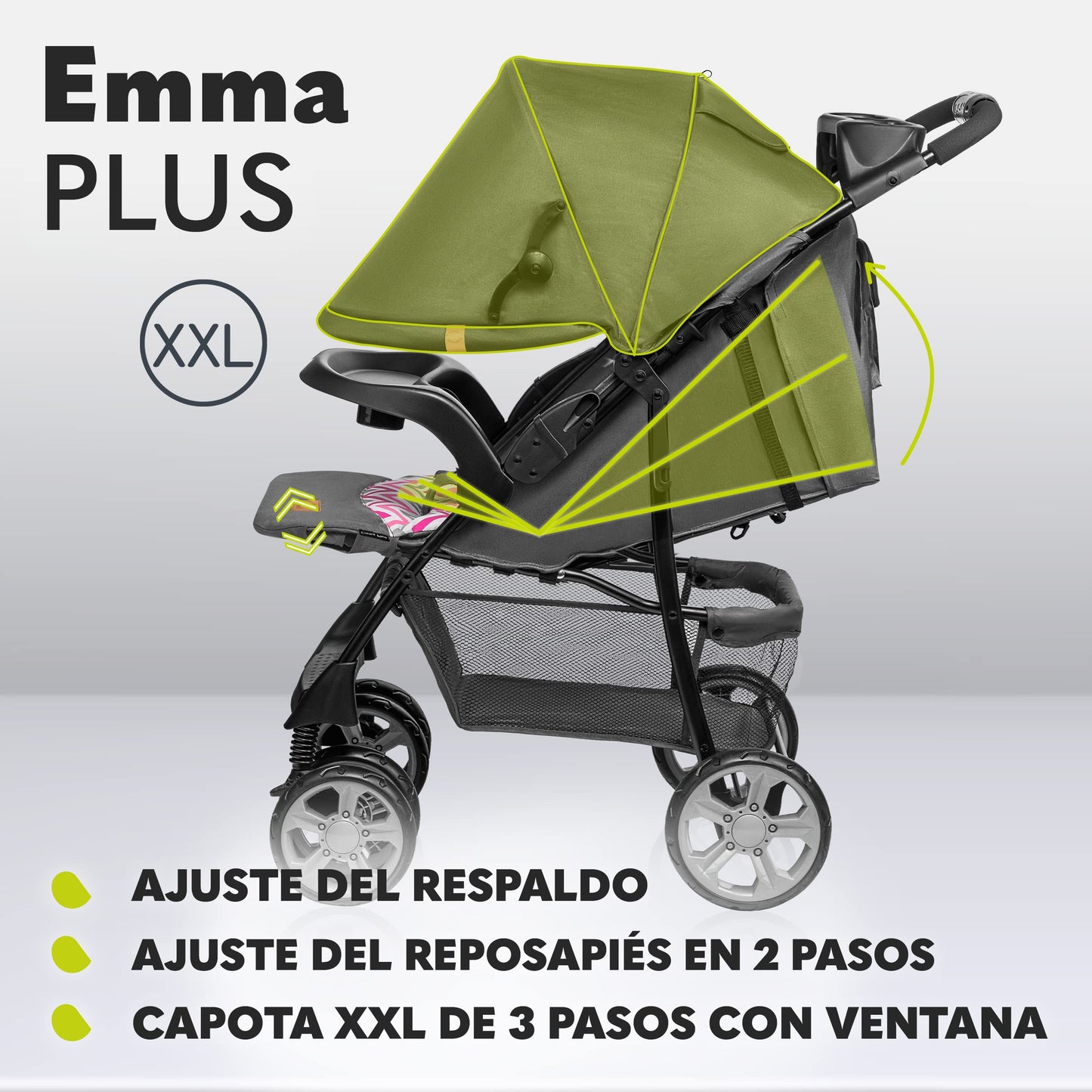 LIONELO Emma Plus Silla de paseo hasta 15 kg 6-36M Respaldo ajustable Cinturón de seguridad de 5 puntos Capucha profunda Organizador para padres