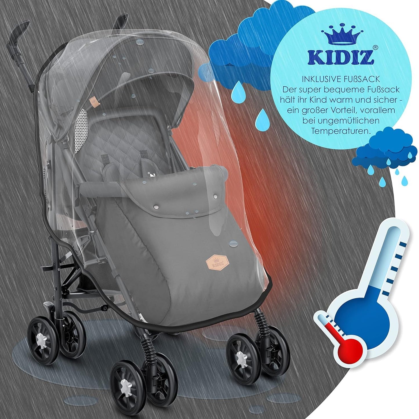 Cochecito KIDIZ® City-Pro Reclinable y Plegable, Ruedas Giratorias 360°, con Mosquitera, Cubrepiés y Plástico de Lluvia Incluidos