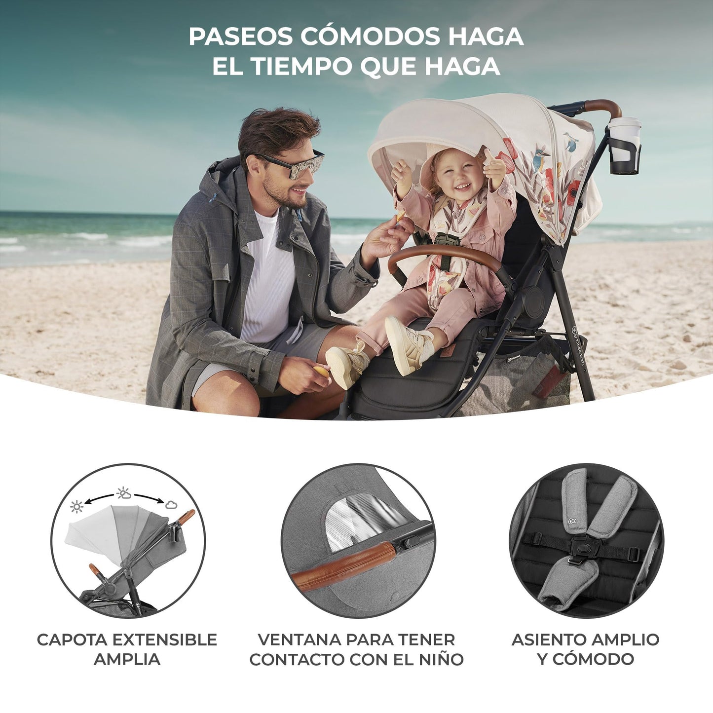 Kinderkraft GRANDE PLUS Carrito de Bebé Ligero, desde Recién Nacido hasta 22 kg, Plegado Fácil con Una Mano, Respaldo Reclinable, Suspensión en las 4 Ruedas, Capota XL, Gris