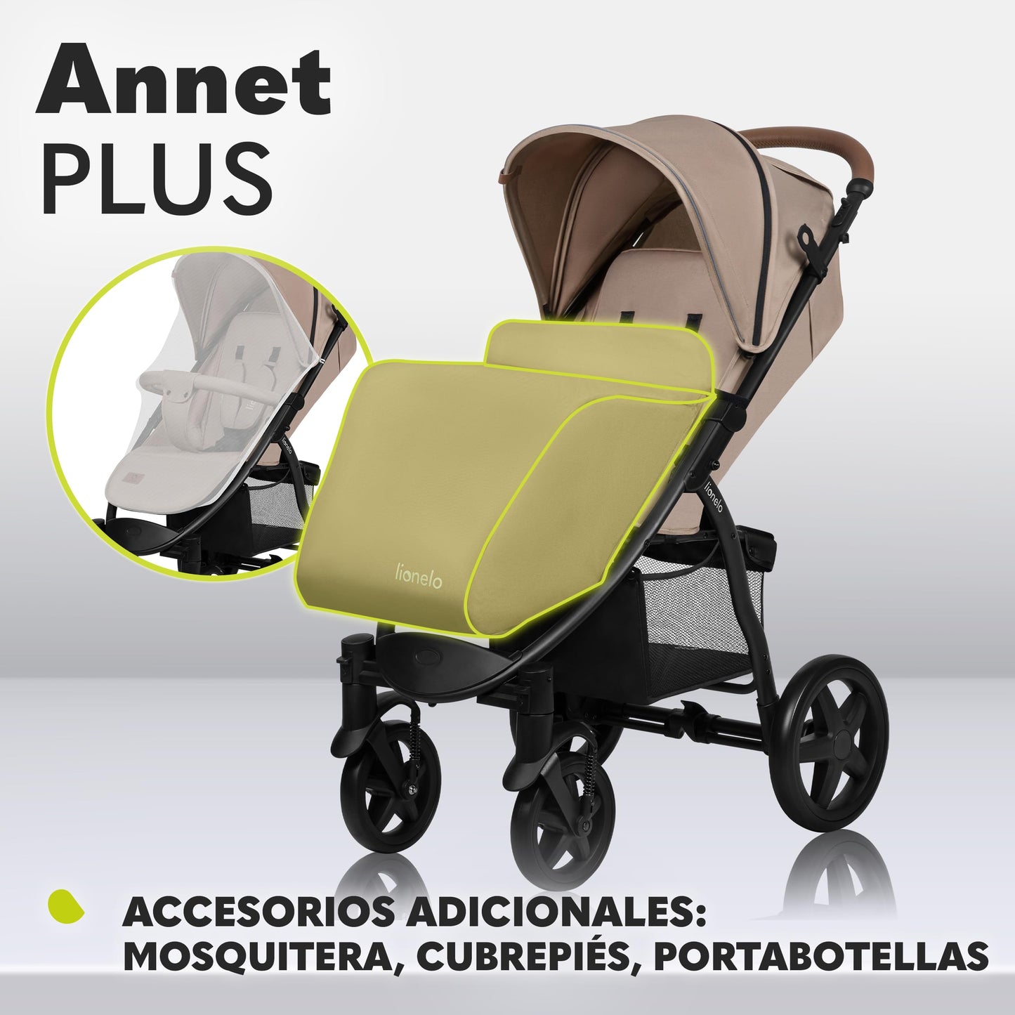 Lionelo Annet Silla de Paseo para Bebés y Niños hasta 22 kg, Respaldo Reclinable hasta Posición Horizontal, Capota XXL con Ventana, Mosquitera y Plegado Fácil – Color Beige