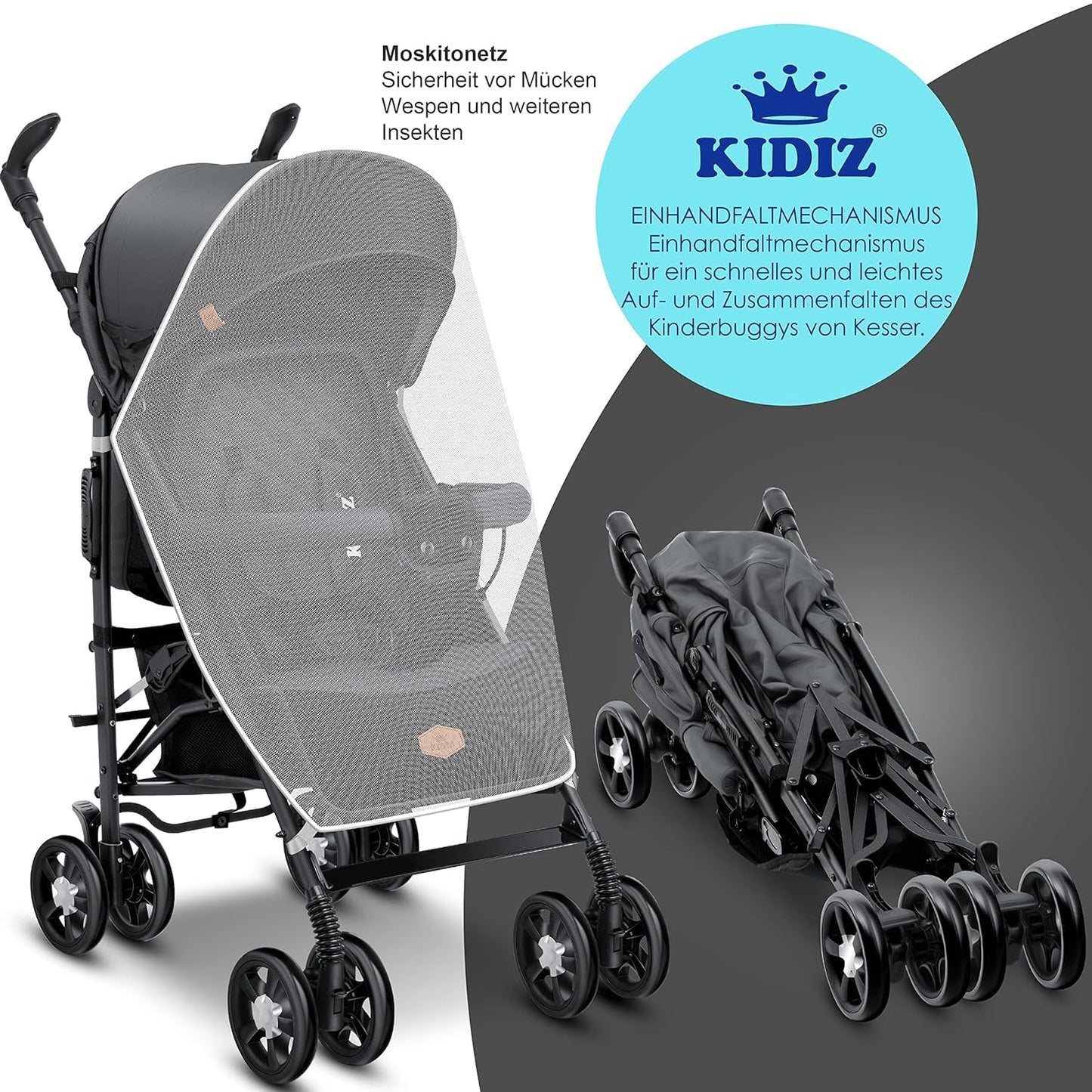 Cochecito KIDIZ® City-Pro Reclinable y Plegable, Ruedas Giratorias 360°, con Mosquitera, Cubrepiés y Plástico de Lluvia Incluidos