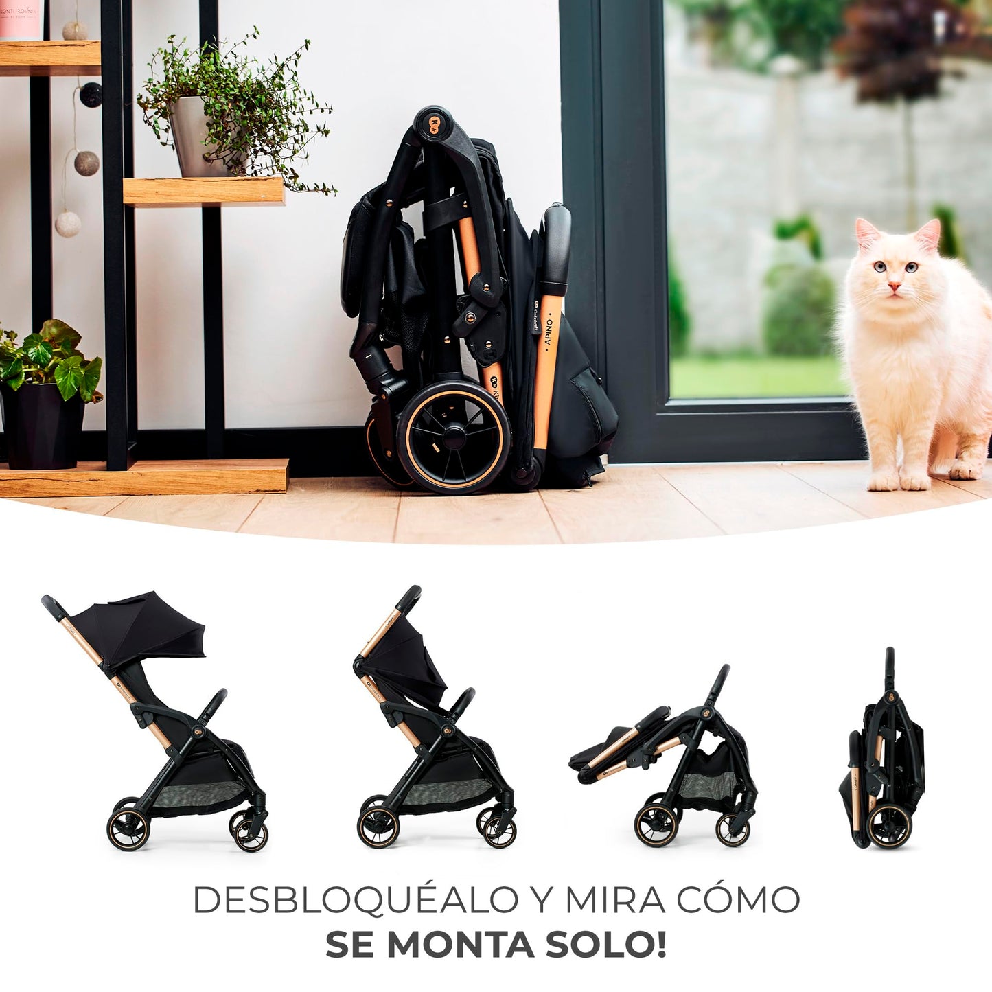 Kinderkraft APINO Silla de Paseo Ligera con Plegado Automático, Respaldo Reclinable y Posición Tumbada, Impermeable, hasta 24 kg, Color Negro