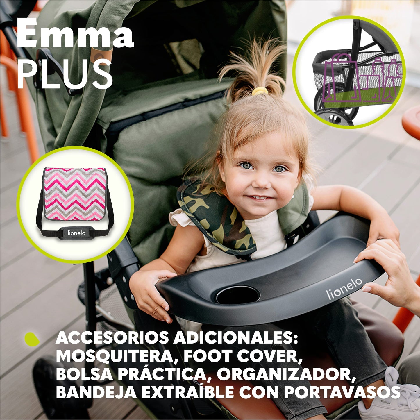LIONELO Emma Plus Silla de paseo hasta 15 kg 6-36M Respaldo ajustable Cinturón de seguridad de 5 puntos Capucha profunda Organizador para padres