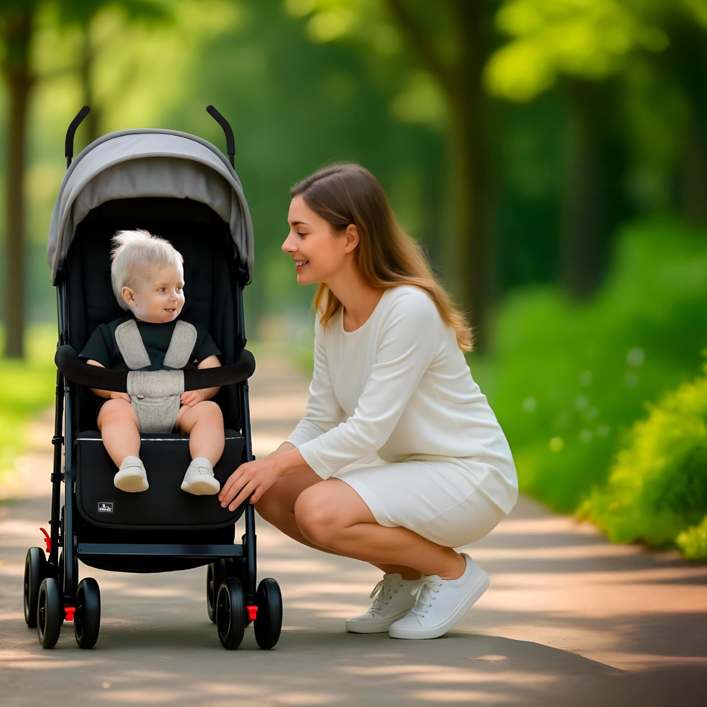 TORAL Silla de Paseo Ligera Florida para Bebé, Reclinable en 5 Posiciones, Capota XL, Cinturón de 3 Puntos, 8 Ruedas, desde 6 Meses hasta 15 kg