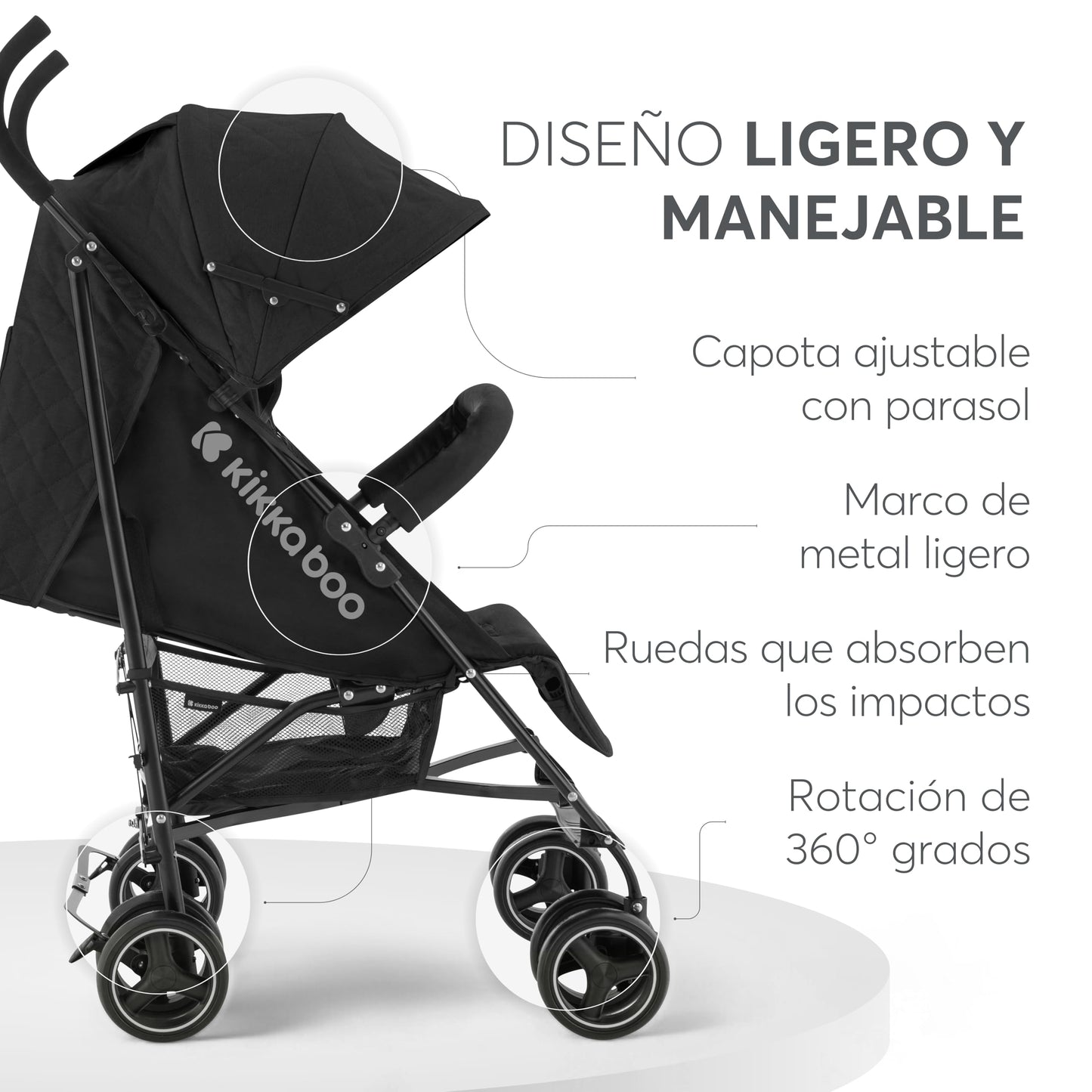 Silla de Paseo KikkaBoo BEETLE, Ligera y Compacta, Plegado Fácil, Apta hasta 22 kg, Color Negro