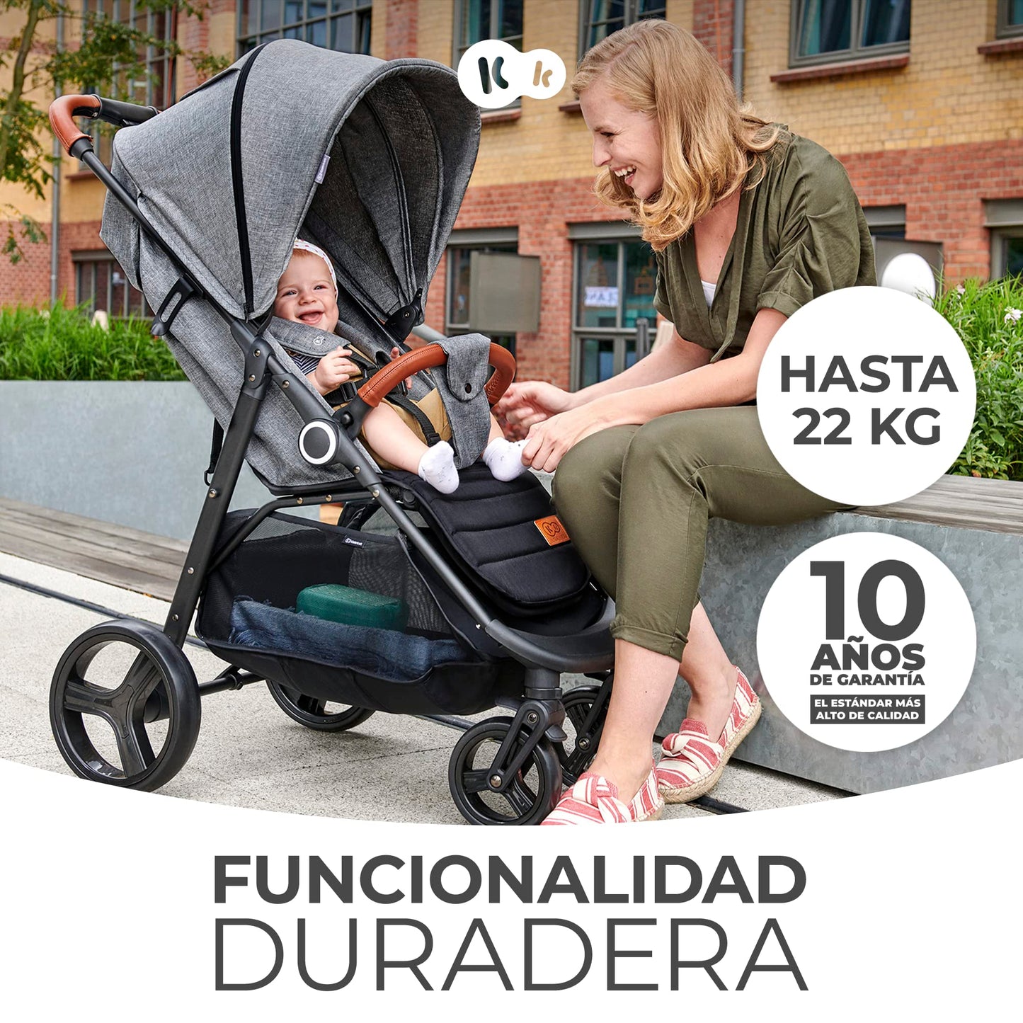 Kinderkraft GRANDE PLUS Carrito de Bebé Ligero, desde Recién Nacido hasta 22 kg, Plegado Fácil con Una Mano, Respaldo Reclinable, Suspensión en las 4 Ruedas, Capota XL, Gris