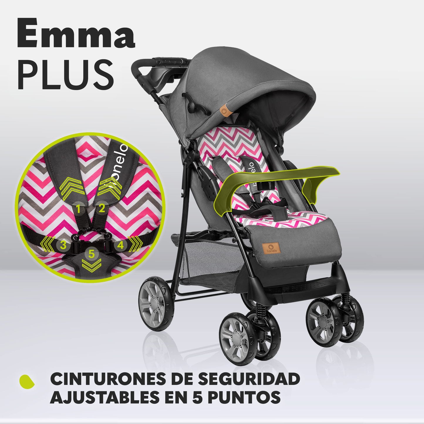 LIONELO Emma Plus Silla de paseo hasta 15 kg 6-36M Respaldo ajustable Cinturón de seguridad de 5 puntos Capucha profunda Organizador para padres