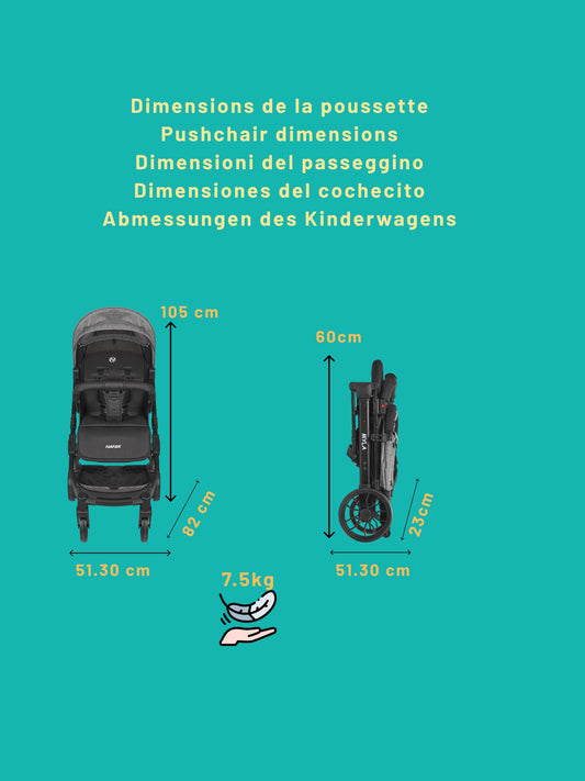 Cochecito de Paseo Nania Myla, Reclinable y Compacto, desde 0 a 4 Años (hasta 22 kg), Plegado tipo Trolley, Ligero (7,5 kg), Gran Cesta de Almacenamiento
