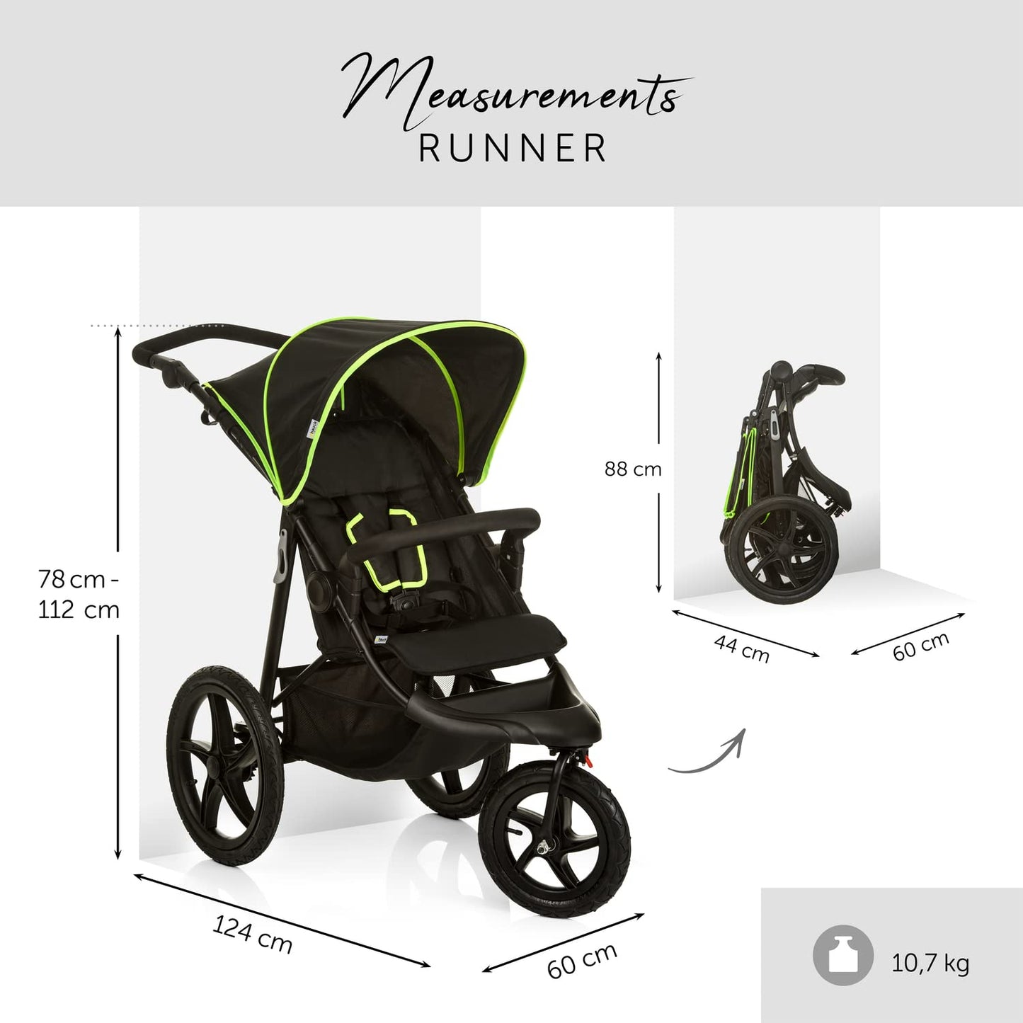 hauck Runner Silla de Paseo de 3 Ruedas con Suspensión, Neumáticos Todoterreno, Plegado Compacto, desde el Nacimiento hasta 22 kg, Color Negro/Neón