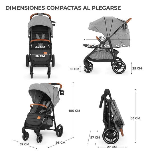 Kinderkraft GRANDE PLUS Carrito de Bebé Ligero, desde Recién Nacido hasta 22 kg, Plegado Fácil con Una Mano, Respaldo Reclinable, Suspensión en las 4 Ruedas, Capota XL, Gris