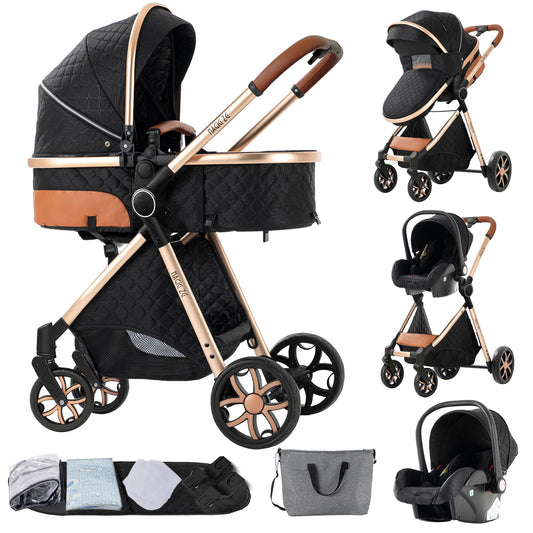 MoLi Carrito de Bebe 3 en 1, Carro 3 Piezas Plegado Conveniente con Un Solo Clic, Carrito Bebe con Modo de Doble Empuje Reversible, Cochecito Tres Piezas Paisaje Alto (225 Black Gold)