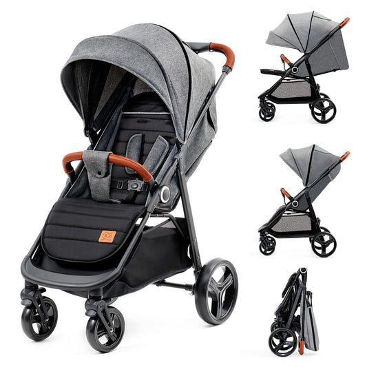 Kinderkraft GRANDE PLUS Carrito de Bebé Ligero, desde Recién Nacido hasta 22 kg, Plegado Fácil con Una Mano, Respaldo Reclinable, Suspensión en las 4 Ruedas, Capota XL, Gris