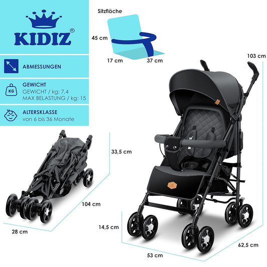 Cochecito KIDIZ® City-Pro Reclinable y Plegable, Ruedas Giratorias 360°, con Mosquitera, Cubrepiés y Plástico de Lluvia Incluidos