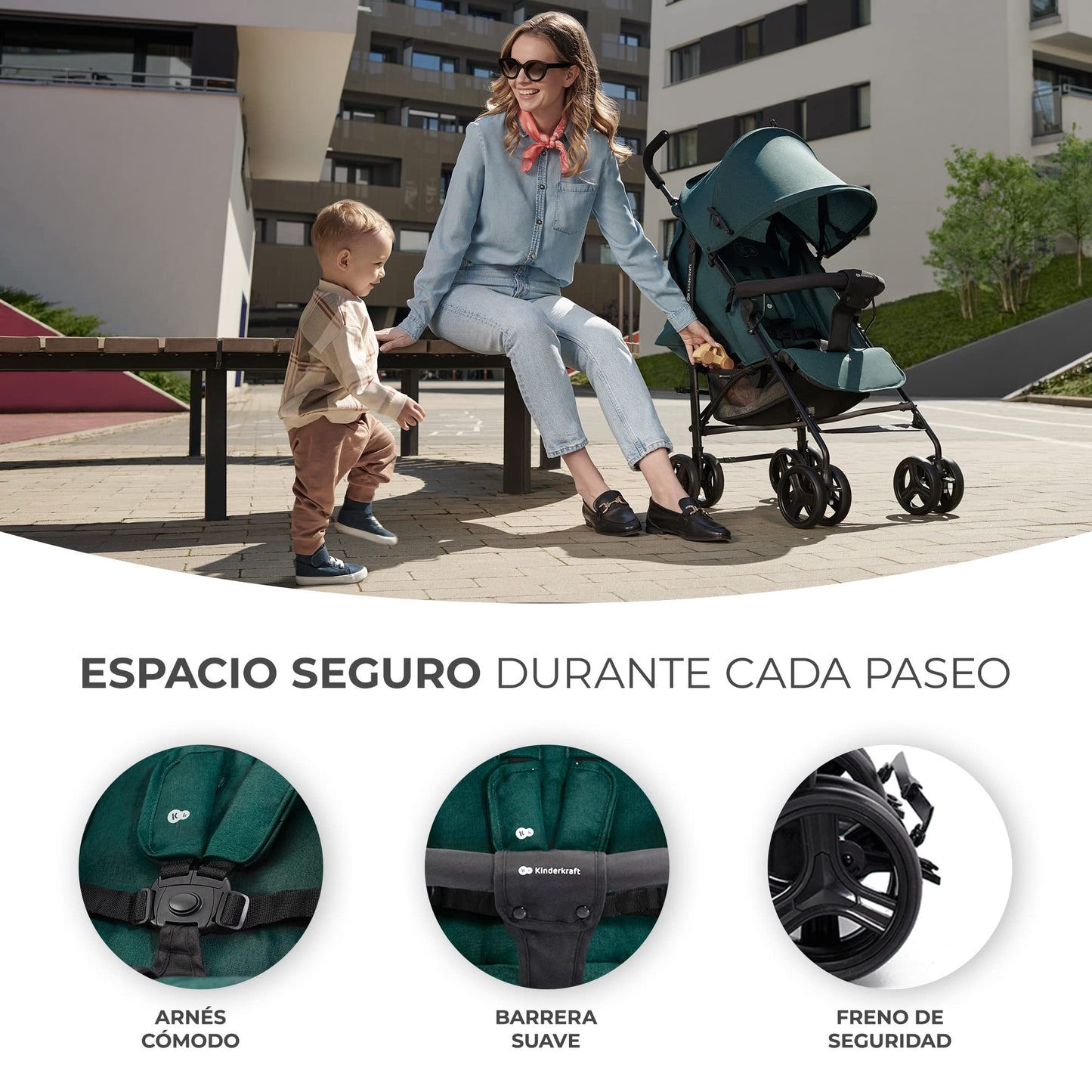 Kinderkraft TIK Silla de Paseo Ligera y Plegable, Respaldo Reclinable hasta Posición Tumbada, 6,5 kg, Material Impermeable, Color Verde
